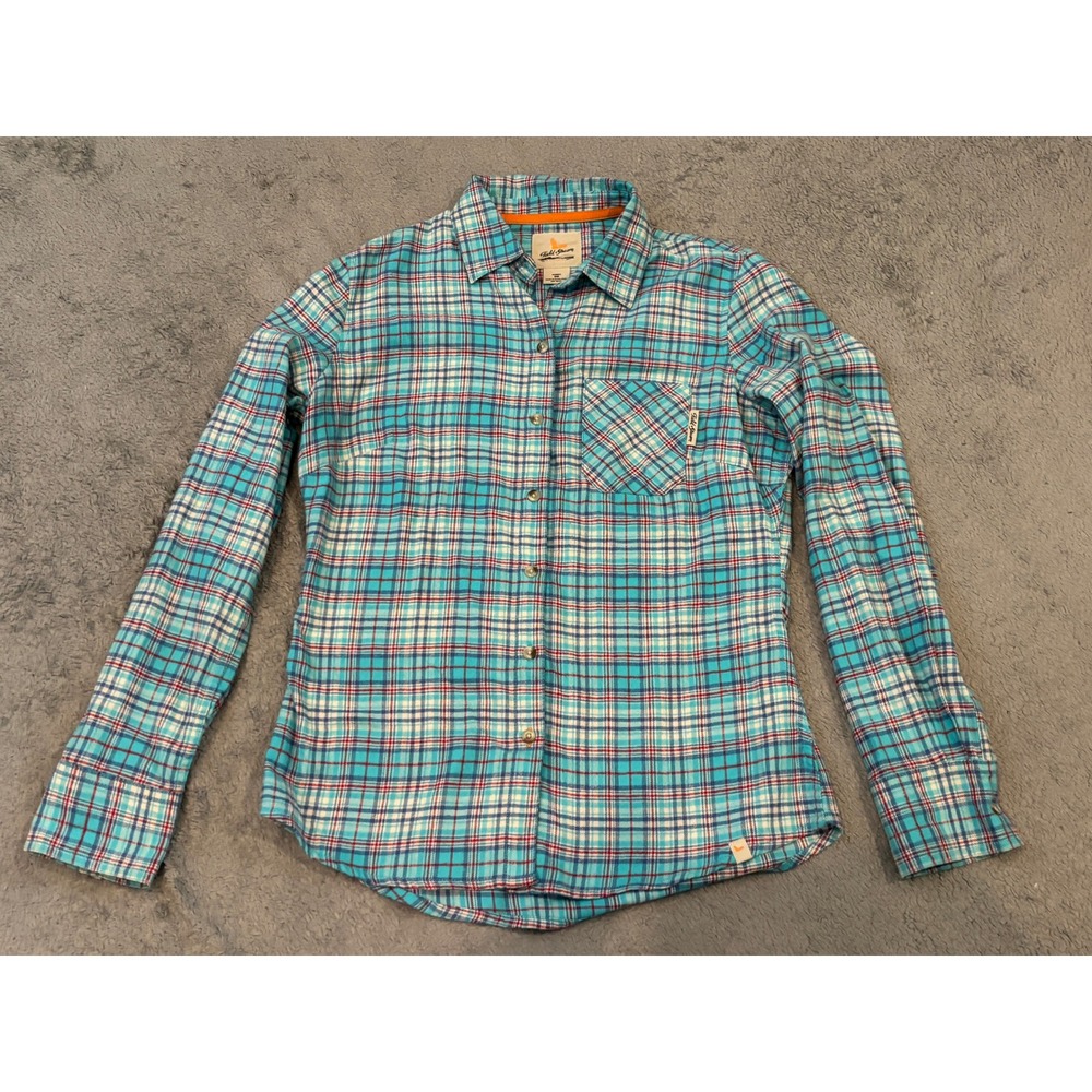 Field Stream Womens Flannel Shirt Small Turquoise Blue Plaid Cotton Button Down